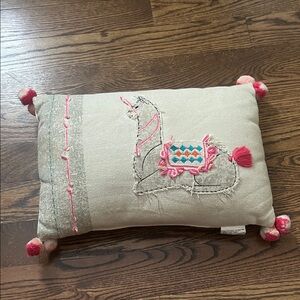 Embroidered Llama Pillow with Pom Poms